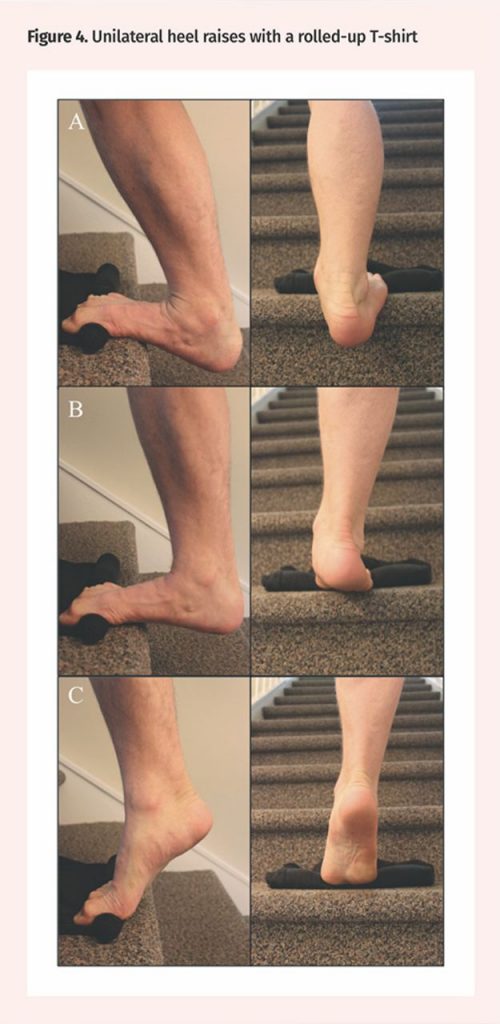 Unilateral heel raises with a rolled-up T-shirt